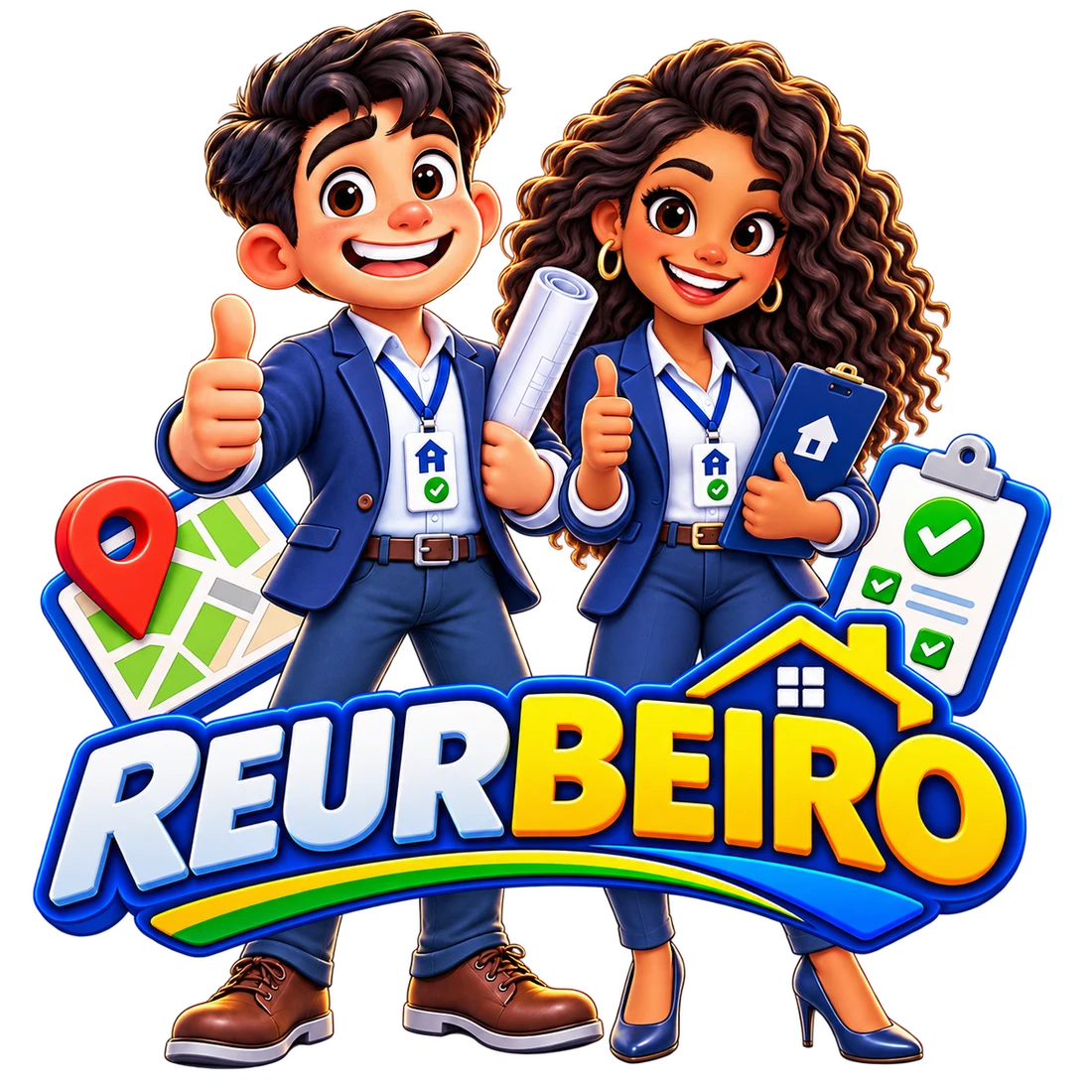 Casal de reurbeiros do aplicativo REURBEIRO, sorrindo com prancheta, projeto e mapa